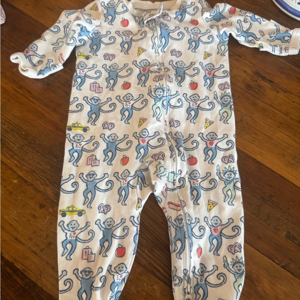 Roller Rabbit Big Apple Blue and White Monkey Print Kids Footie